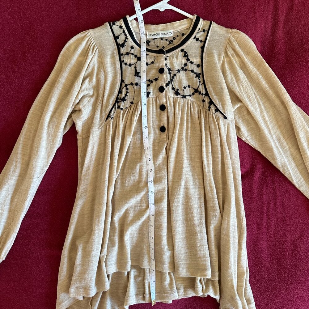 Tsumori Chisato Tan Embroidered Long Sleeve 100% Wool Blouse - Picture 9 of 11